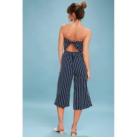 Lulus Jumpsuit Saltwater and Sun Navy Blue Striped Strapless Midi Women’s M - Picture 2 of 13
